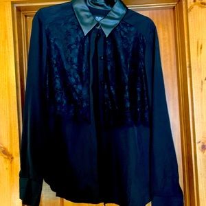 NWOT Black faux leather and lace button up blouse